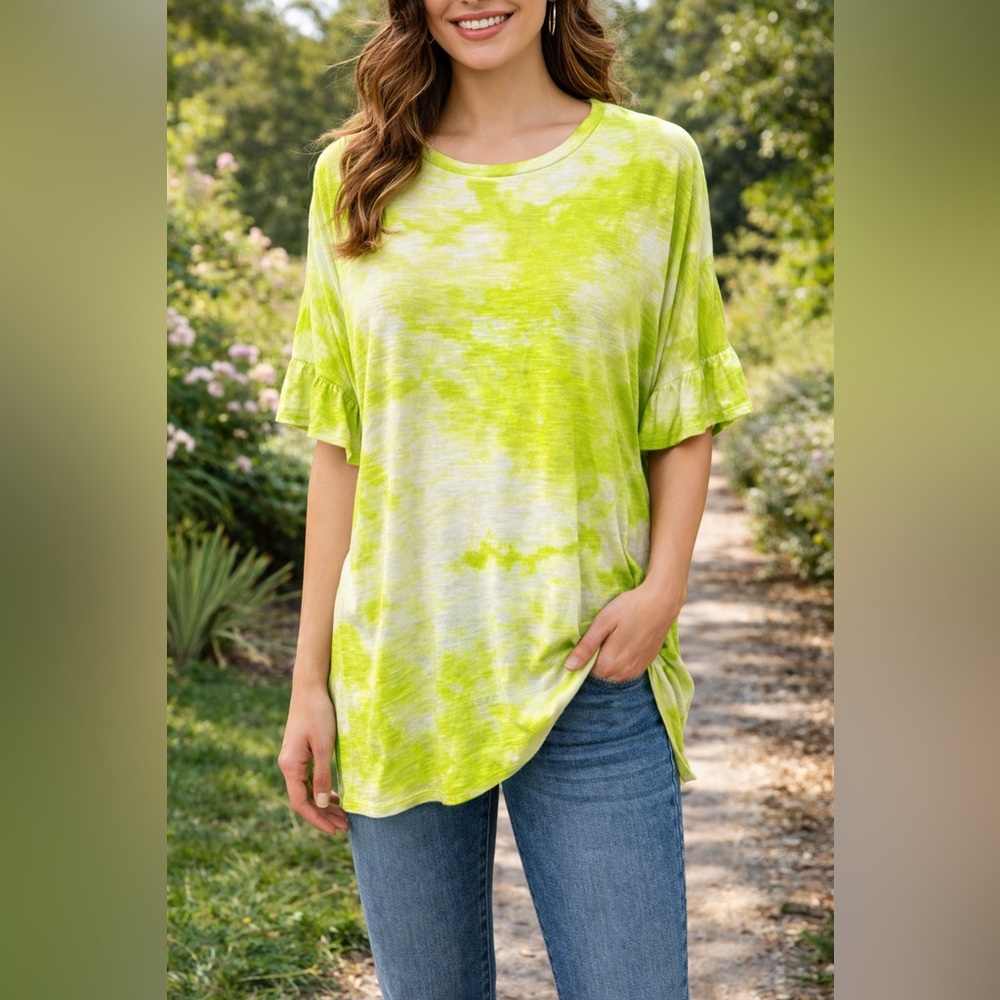NWT LuLaRoe Dahl Tie Dye Top Neon Green White Dolman Sleeve Size Large